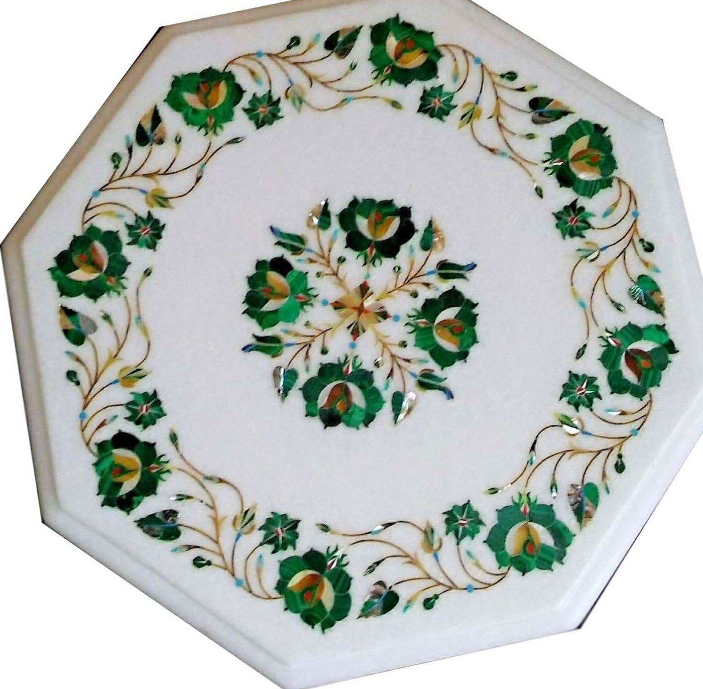 12-inch white marble table top with handmade marquetry inlay for home decor