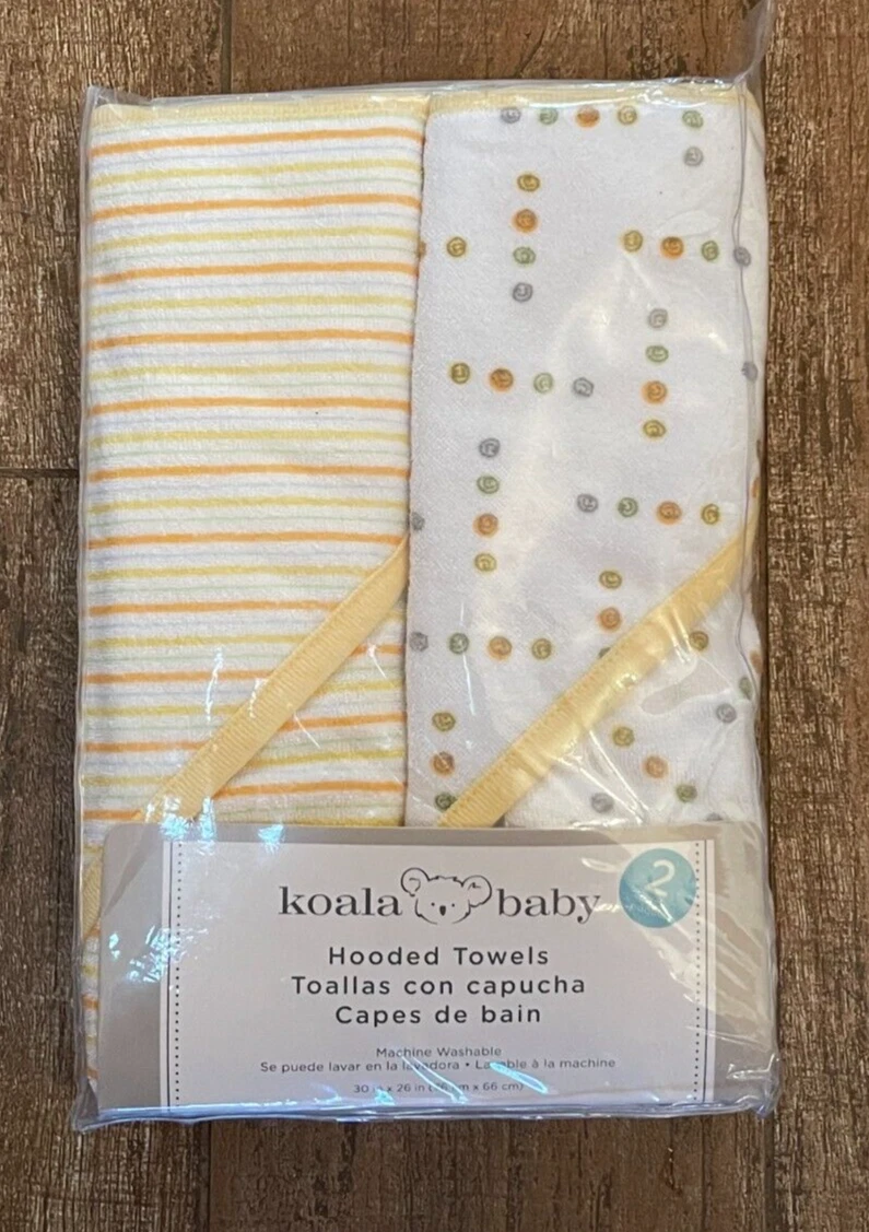 Koala Baby 2 Pack Baby Hooded Bath Towels Yellow white stripe dots 30" x 26"