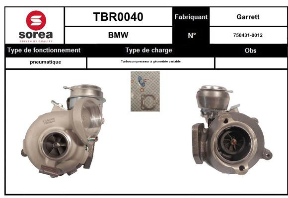Turbocompresseur SNRA TBR0040 pour BMW Série 3 Touring et Coupé