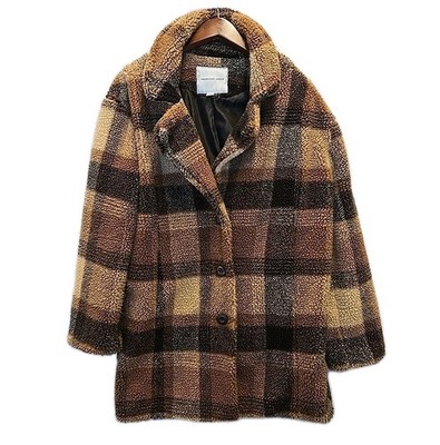 American Eagle Faux Fur Sherpa Brown Plaid Teddy Coat Womens XS Preppy Cabin