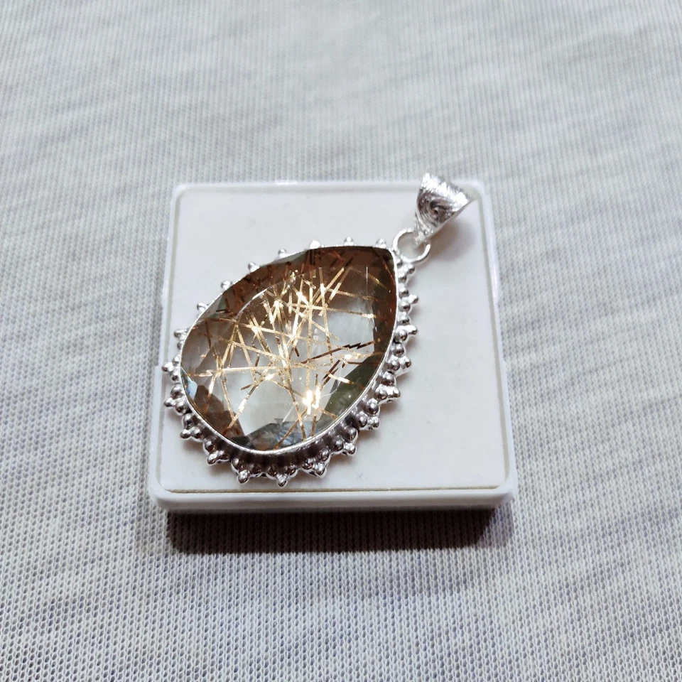 Ciondolo pietra preziosa quarzo rutilato dorato argento pietra preziosa... - Immagine 3 di 4