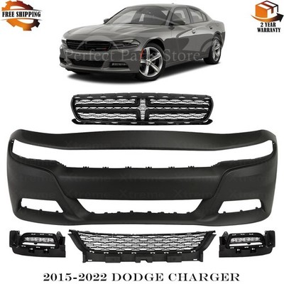 Front Bumper Cover Primed Plastic & Fog Lights Kit For 2015-2022 Dodge Charger
