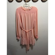 Allison Kelly Women's XL Pink Swiss Dot Smocked Ruffle Long Sleeve Belted Dress