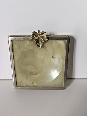 Vintage Onyx Marmor Metall Blatt Art Deco Schmuck Schale Papierwiege Vide Poche 10 cm