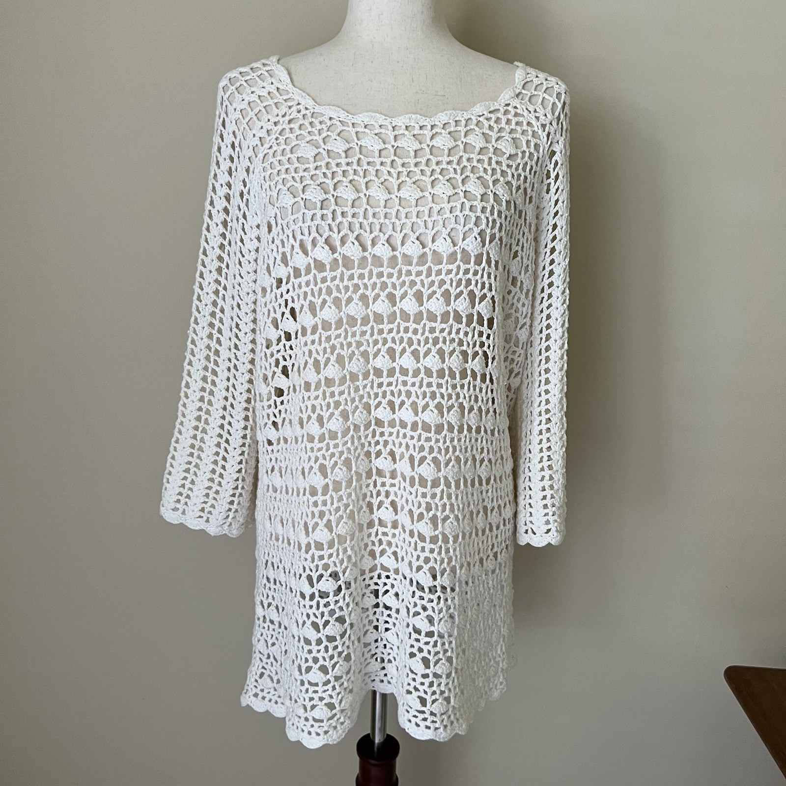 Crochet Womens Open Knit Pullover Tunic Top Sz 1X White Boho Beachy Cover Up