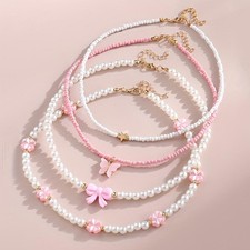 4pcs Girls Butterfly Heart Flower Pearl Beaded Necklace Set   Friendship Gift