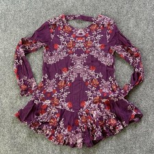 Free People Dress Womens XS Purple Floral Long Sleeve Cutout Fit Flare Boho Mini