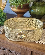 Vintage Brass Gold Metal Mesh Vanity Basket Ornate Hollywood Regency Decor 9”