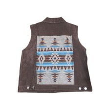 PENDLETON Womens Leathet MIX Back PRINT Size M Button AZTEC WOOL VEST Brown