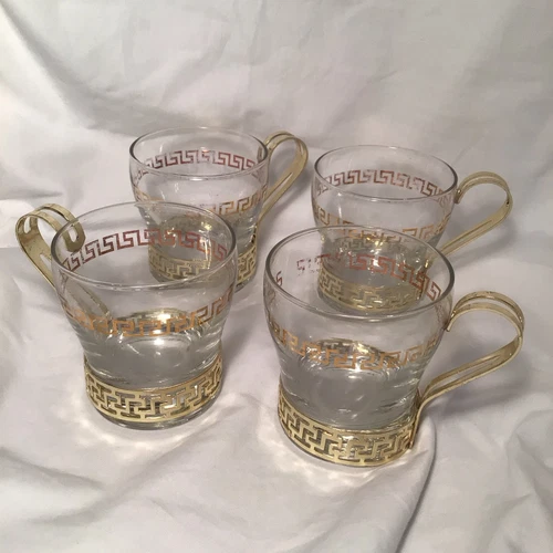 4 Vintage Libby Greek Key Coffee Cups Glass in Metal Holders