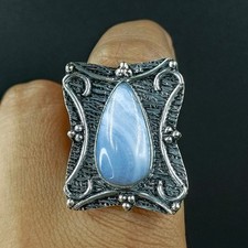 925 Sterling Silver Natural Blue Lace Agate Pear Gemstone Ring Size-7.75 US 