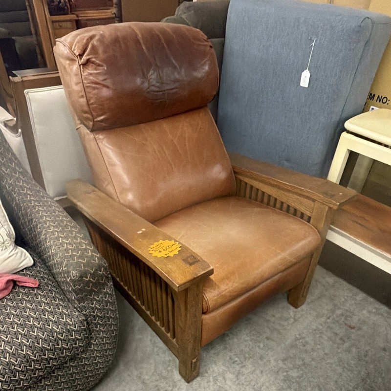 Brown Leather Upholstered Wood Frame Armchair, Padded Seat, Living Room