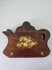 VTG 70s Wooden Teapot Key Holder Wall Hanging Fruit Harvest Decal Country...