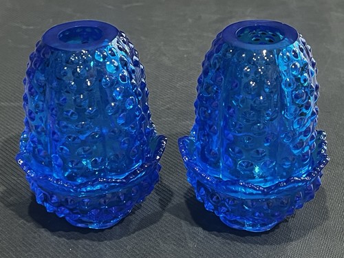 A Beautiful Pair of Fenton Colonial Blue Hobnail Fairy Lamps