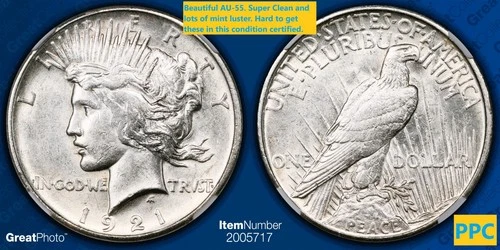 Super White- High Relief -1921 Peace Silver Dollar-NGC -AU-55- Very Clean