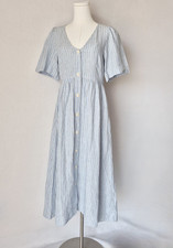 Madewell Cassie Linen Powder Blue Stripe Button-Front Midi Dress Pocket Sz.S
