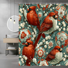 Cardinal Bird Floral Shower Curtain, Red Birds and Flowers Print