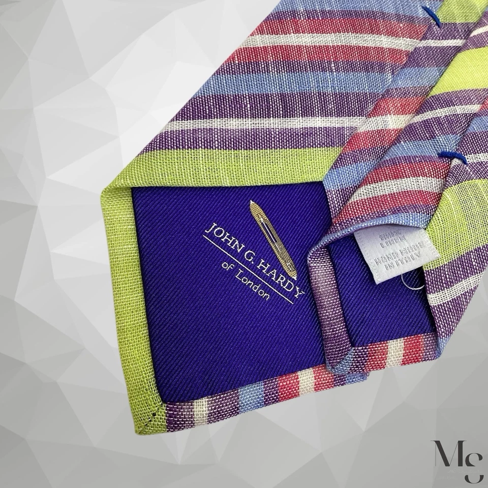 Corbata de interior a rayas verde púrpura John G. Hardy hecha a mano en Italia 60”-3,2” EX CD Foto 4 de 4