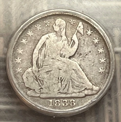 1838 no drapery, small stars Seated Liberty half dime, ICG VG-8 - scarce variety