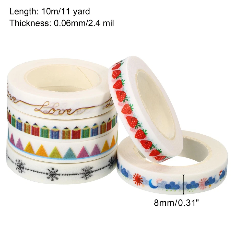 6pcs 8mmx10m Washi Tape Sticker, Flag, Love, Pencil, Snow, Strawberry, Weather - Image 2 of 4