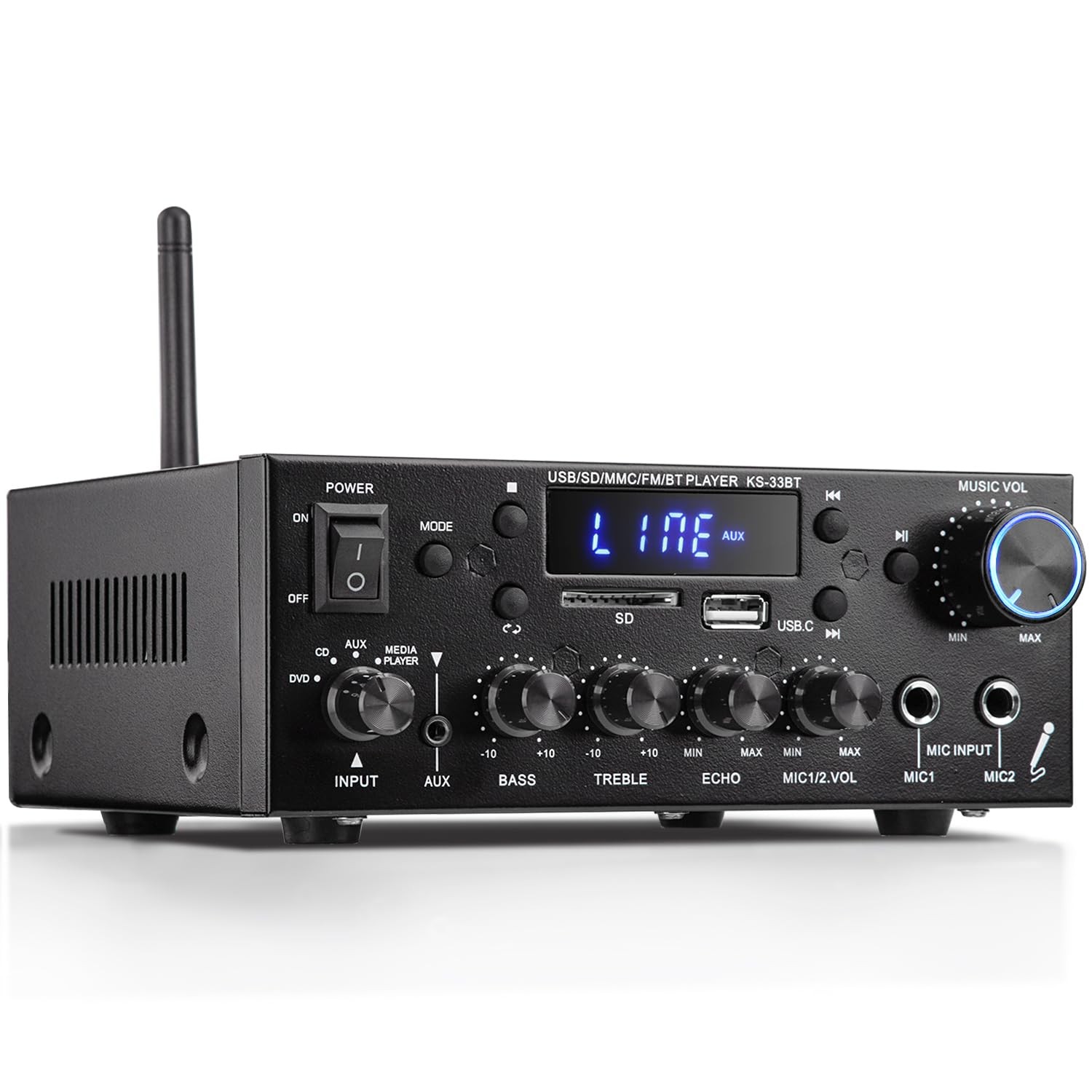 KS-33BT 2.1CH Stereo Audio Amplifier Receiver with Active Subwoofer Output, R...