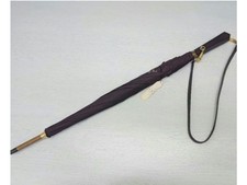 Auth Prada Long Umbrella Vintage Wine Leather Wood Logo Italy Women's w/Strap