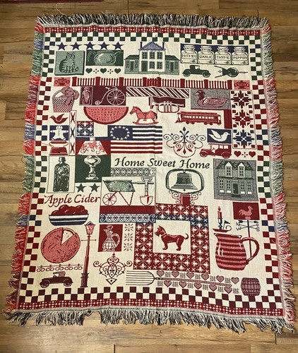 Home Sweet Home Old Fashioned Throw Blanket Afghan 44x57 Tapestry Antiques