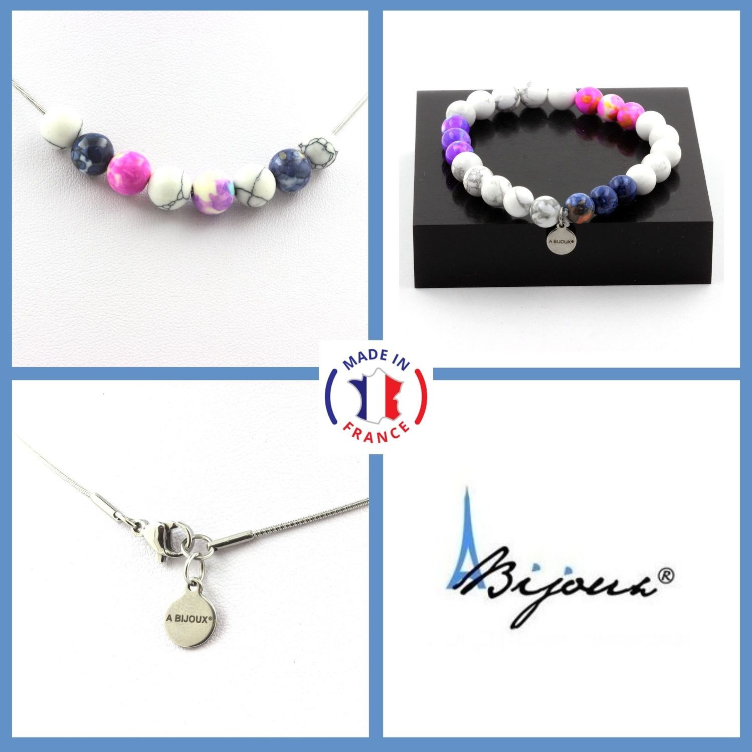 Parure en perles de Jaspe Bleu et Rose : bijoux artisanaux de taille ajustable