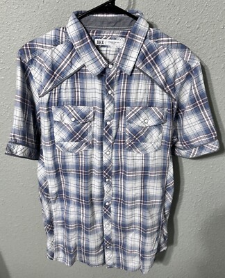 BKE Athletic Fit Pearl Snap Short Sleeve Blue White Red Plaid Mens Large Flannel