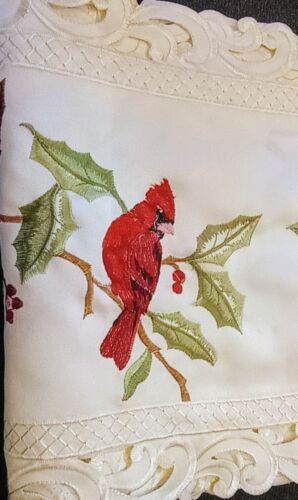 Cardinal Embroidered Table Runner Cardinal & Holly Christmas 69"x13 1/4" - Picture 2 of 3