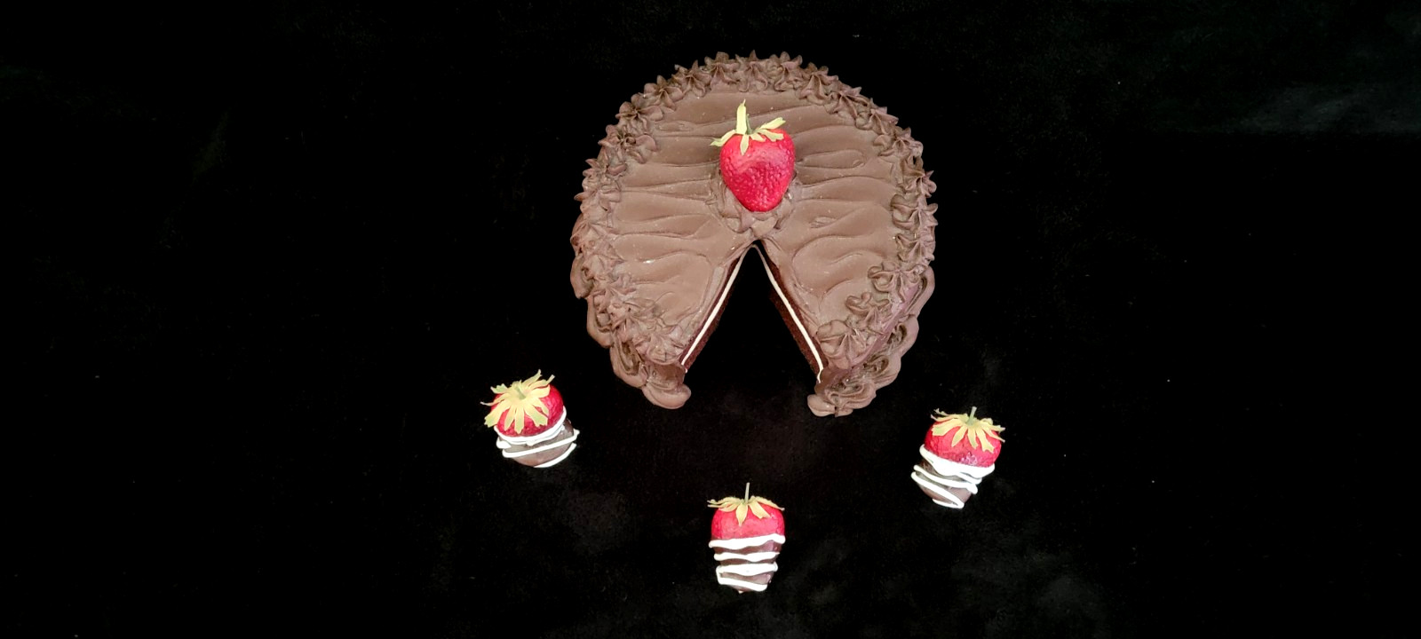 Vintage Fake Food Chocolate Icing Chocolate Slice out Cake with Strawberries 