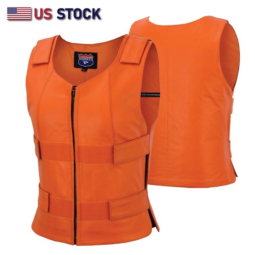 Women Orange Bullet Proof style Leather Motorcycle Vest biker Club