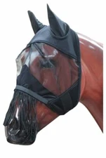 Horse Mesh Fly Mask w/ Ears Fleece Lined w/ Fringe Comfortable Protection Black 