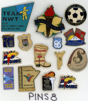 CANADIAN ATHLETIC LAPEL PINS PAN-AM BC GAMES OLYMPICS COMOX SOCCER STAMPEDE GOLF