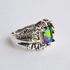 Dragon Claw Silver Ring with Rainbow Jewel - Smaug Arkenstone Tolkien Jewelry