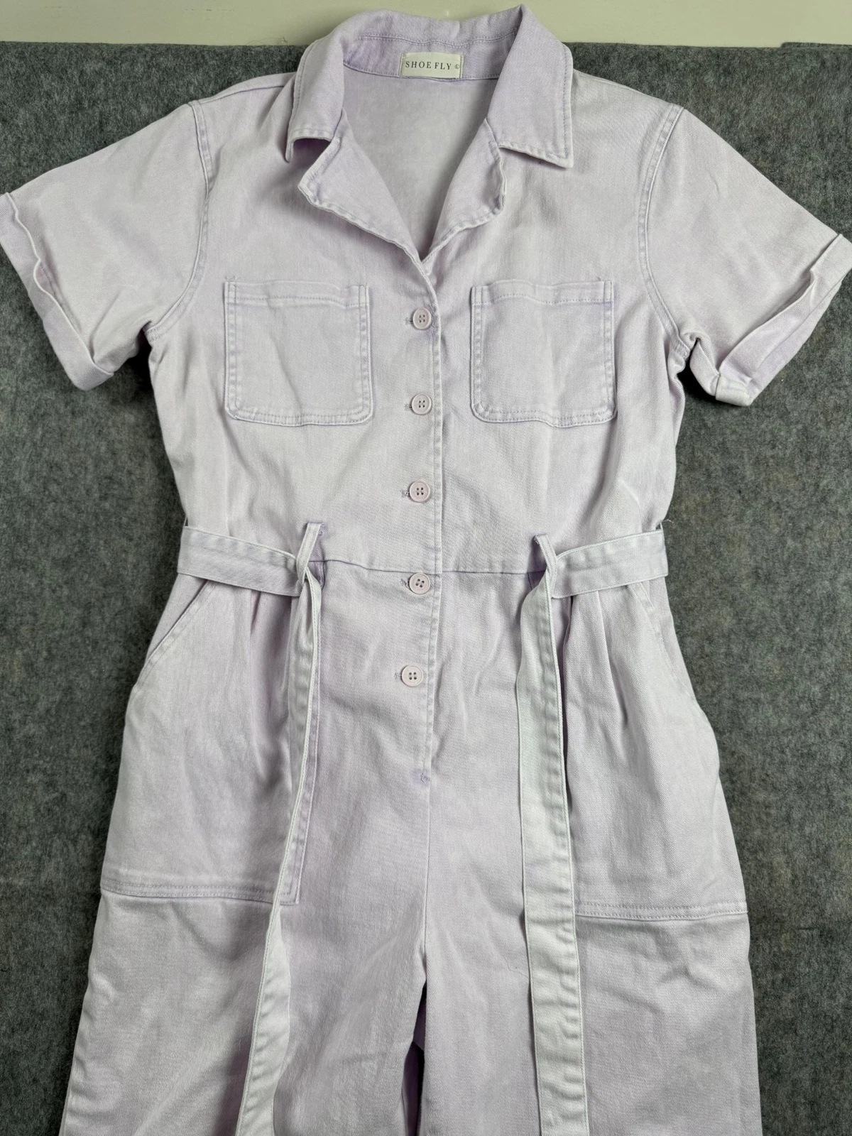 Shoe Fly Jumpsuit Women's Size L Pink Tie-Belt Casual Straight Leg Button-front