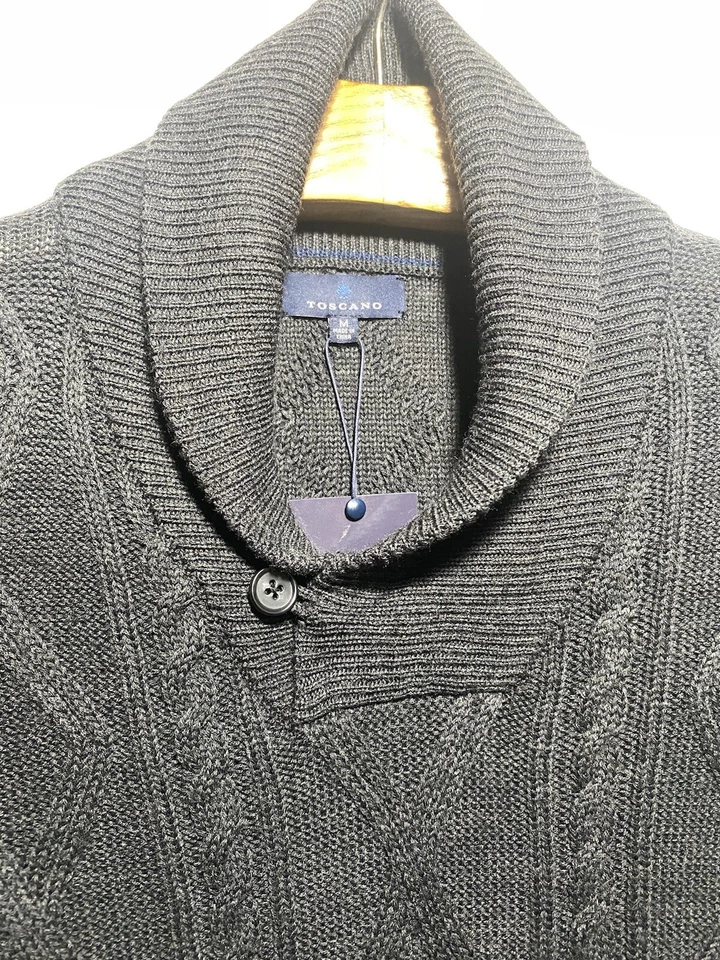 Toscano мужской вязаный свитер средний черный мериносовой шерсти смесь шаль рыбака новый - Изображение 4 из 4