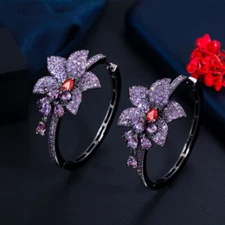 Black Gold Plated Purple CZ Large Round Dangle Drop Tassel Flower Hoop Earrings