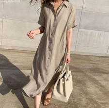 Lady Summer Casual Button-Down Shirt Dress Cotton Linen Long Tunic Beach Kaftan