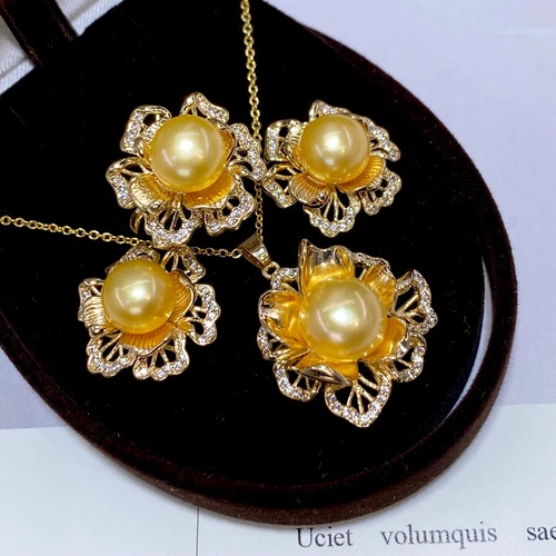 Gorgeous AAAAA 9-10mm South Sea Golden Stud Pearl Pendant Earring Ring Set 925s