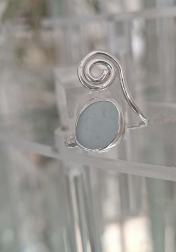Cornish Ice Blue Seaglass Sterling Silver Adjustable Ring