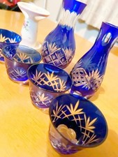 Edo Kiriko blue overlay cut glass sake set, 2 sake server bottle  4 ochoko cups