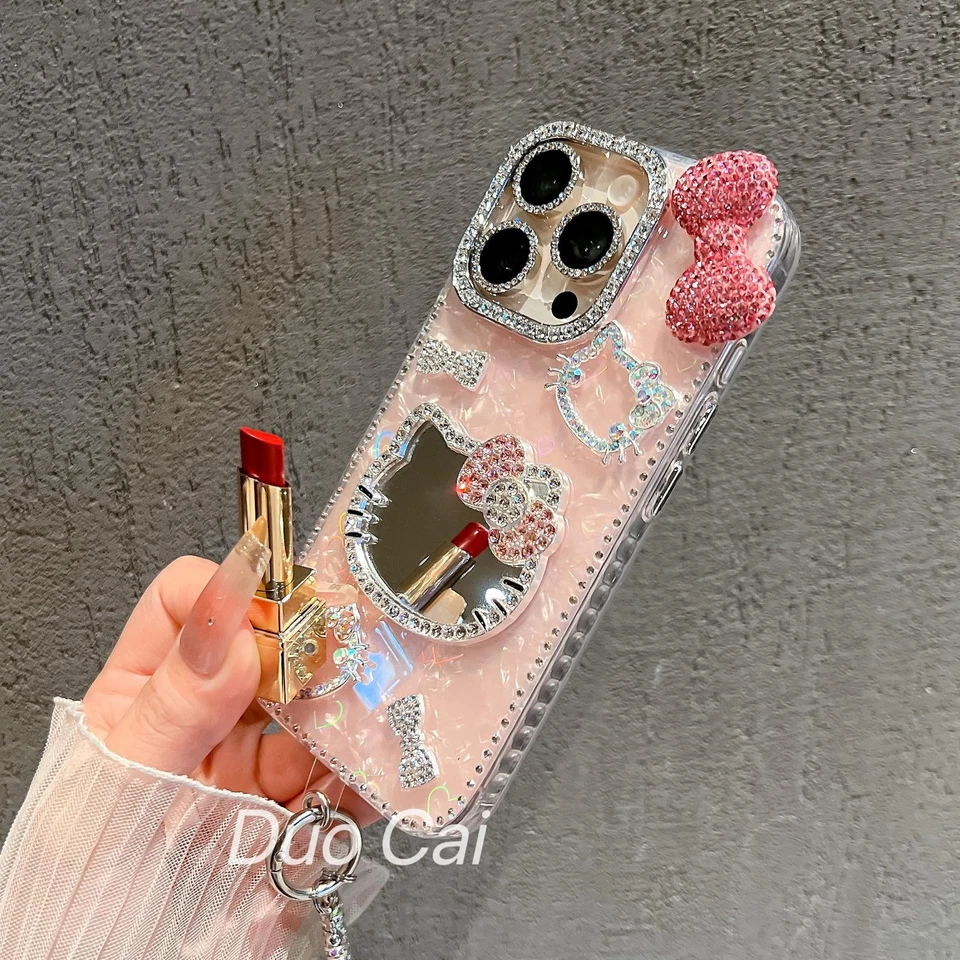 Linda Funda con Espejo Brillante Niña para iPhone 17 16 Pro Max 15 14 13 12 con Cadena Foto 3 de 4