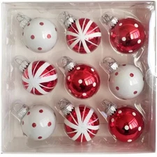 Kurt S. Adler Red and White Glass Ball, 9-Piece Box Ornament Set, 40MM