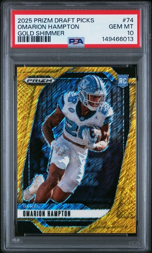 2025 Prizm Draft Picks Gold Shimmer #74 PSA 10 Omarion Hampton RC 15/15 Bookend