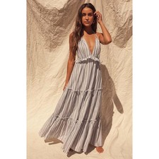 NWT Lulus Vacay Babe Grey Striped Halter Maxi Dress XS
