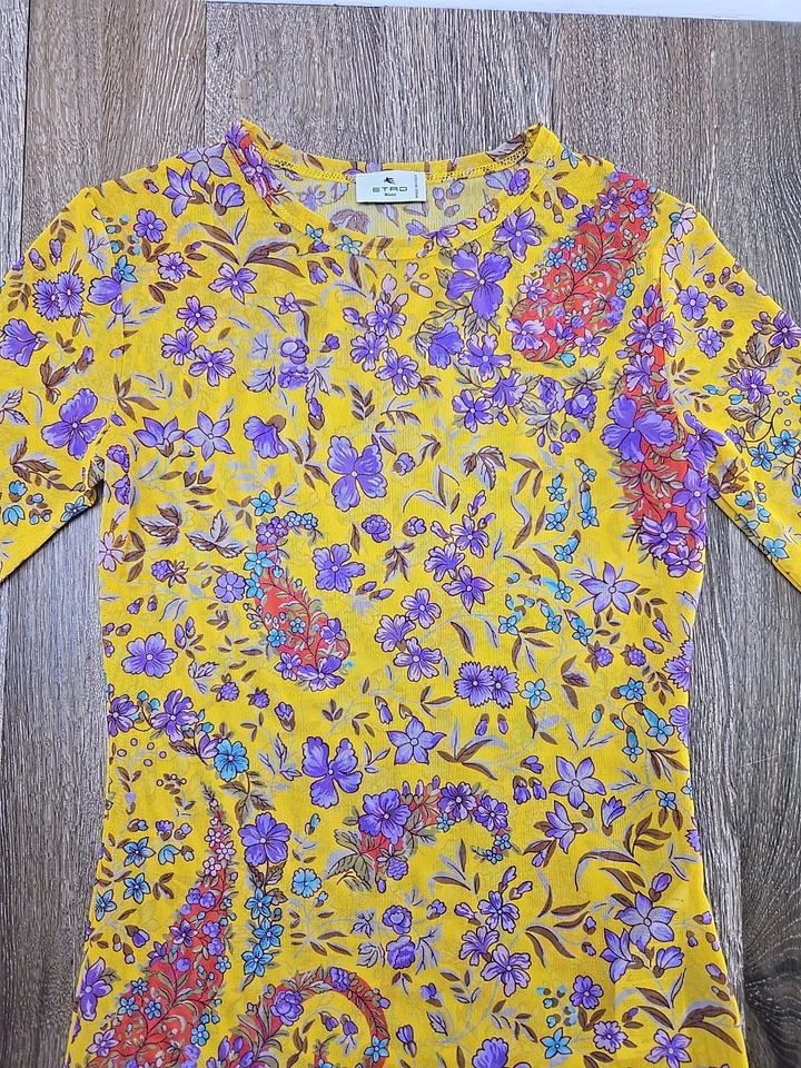 ETRO Hecho en Italia Amarillo Transparente Floral Manga Larga Elastizado Top Mujer 42 EE. UU. 6 Foto 2 de 4