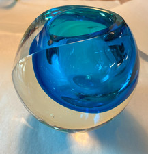 FLAVIO POLI SEGUSO Murano Sommerso Art Glass Cut Facet Cased Vase 4  Blue Clear