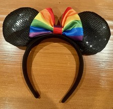 Disney Parks Minnie Mickey Mouse Pride Rainbow Bow Black Sequin Headband Ears