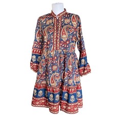 JAIPUR MORNI Paisley Print Long Sleeve Button Front Tiered Mini Dress SZ L Boho